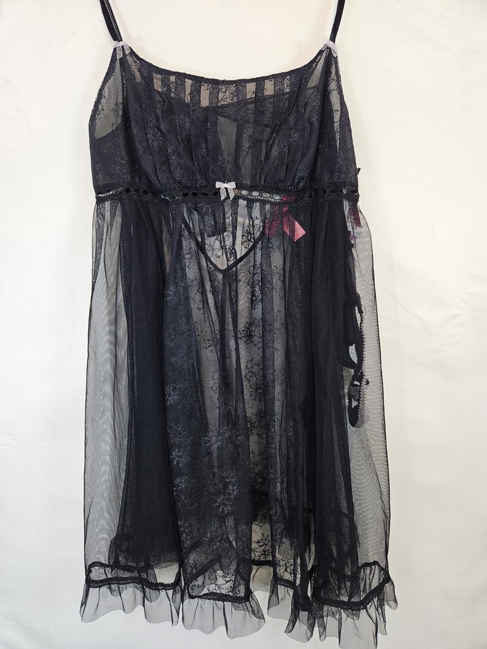 Betsey Johnson Black Sheer Lace Babydoll Chemise with Bow Accents